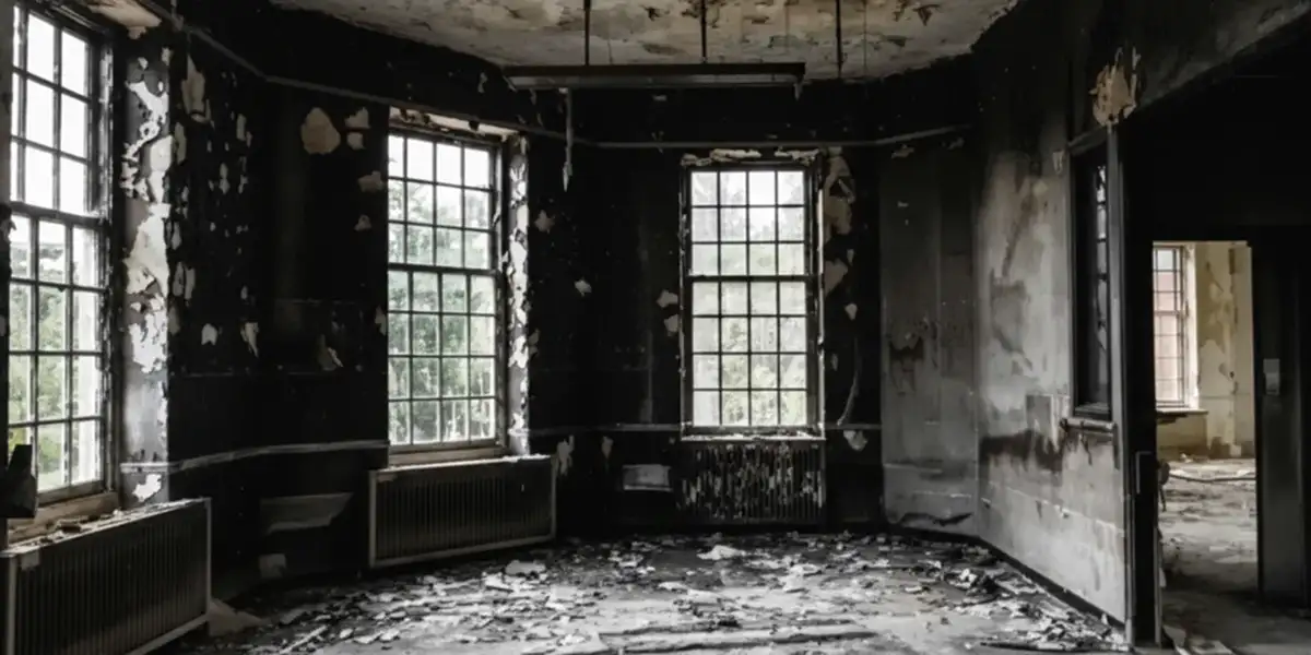 fire damage repair addressing severe interior damage and smoke residue inside a burned home in Clearwater, FL