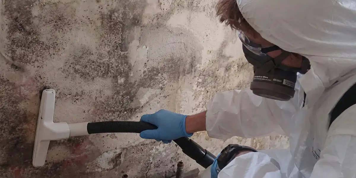 professional mold removal technician wearing protective equipment removing mold from a wall in Clearwater, FL