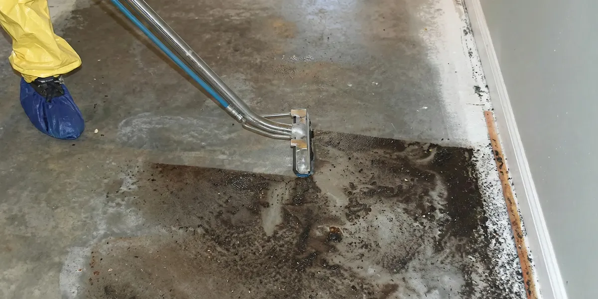sewage removal technicians extracting contaminated wastewater from a residential floor in Clearwater, FL