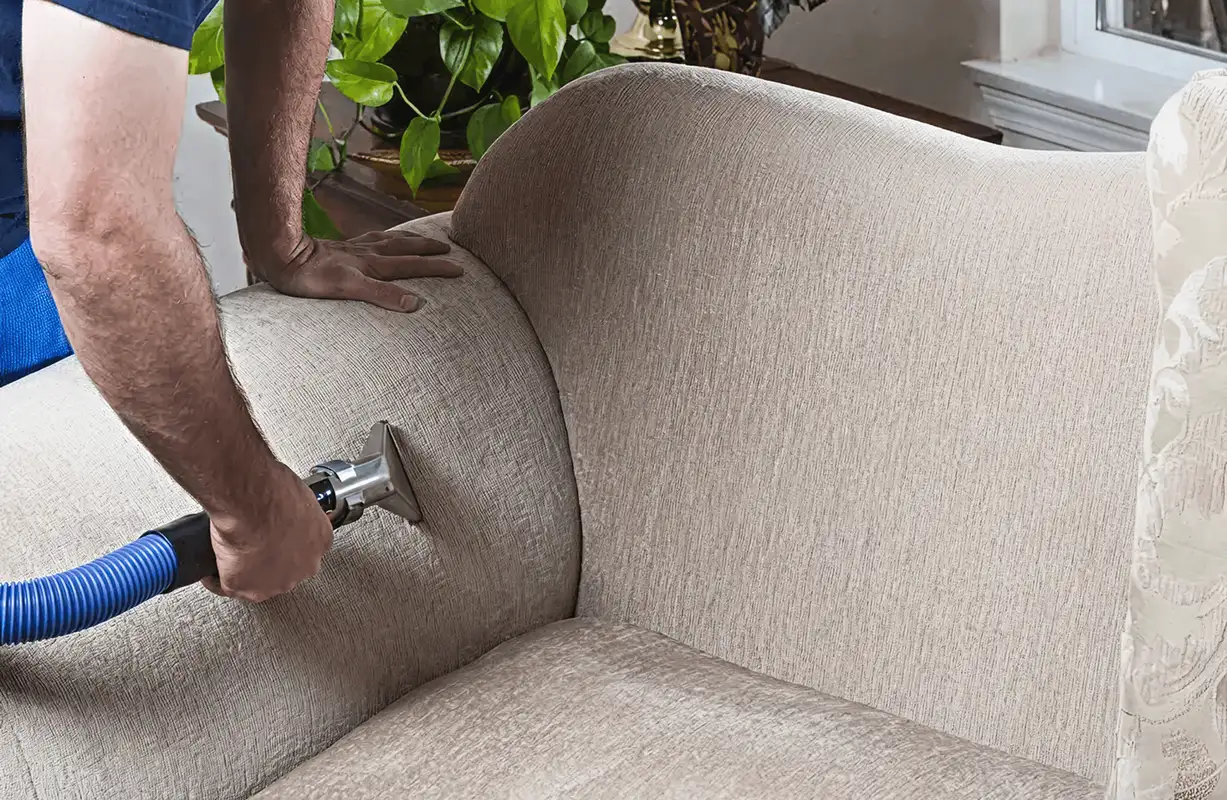 Professional upholstery cleaner deep-cleaning a fabric sofa with a handheld extraction tool and hose, Clearwater, FL.