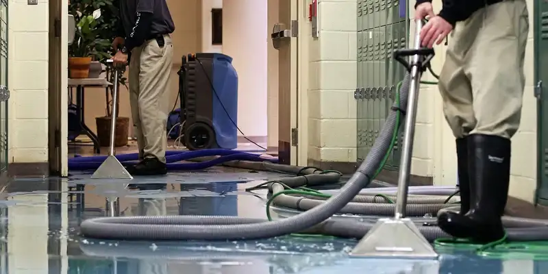 water damage restoration technicians performing professional water extraction inside a property in Clearwater, FL